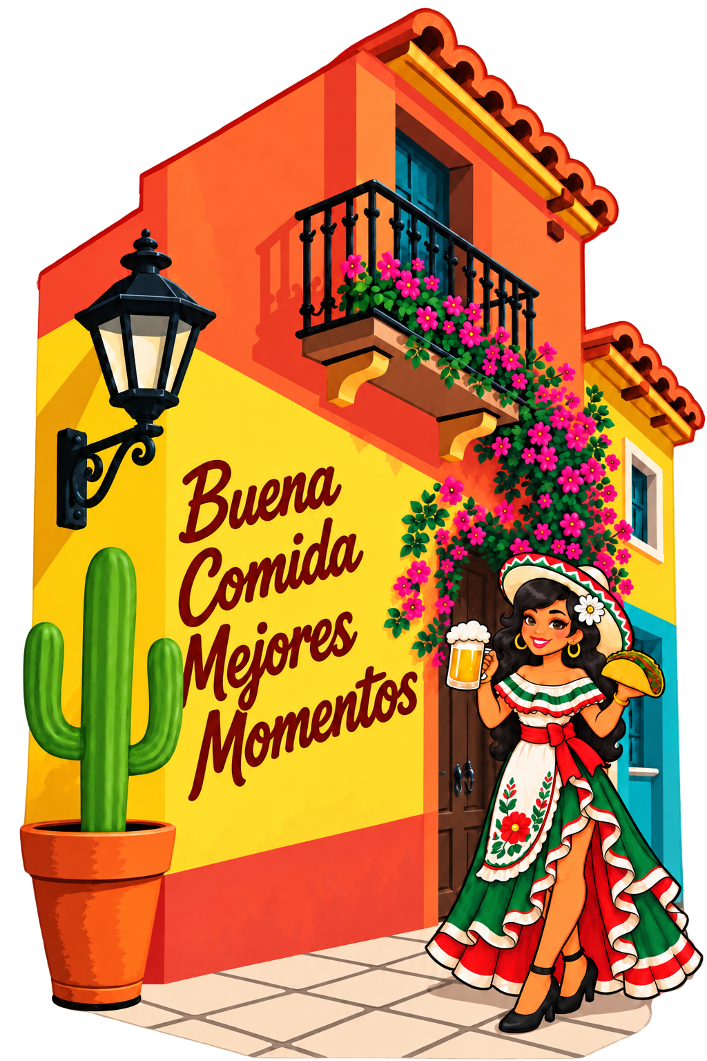 Colorful illustrated building reading Buena Comida Mejores Momentos